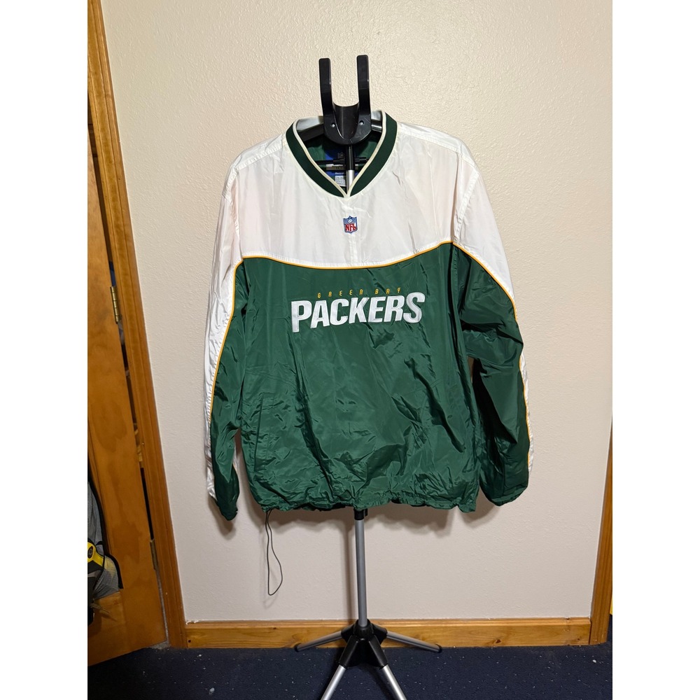 Reebok Green Bay Packers NFL Windbreaker Pullover Jacket Mens 2XL V-Neck‎ Green